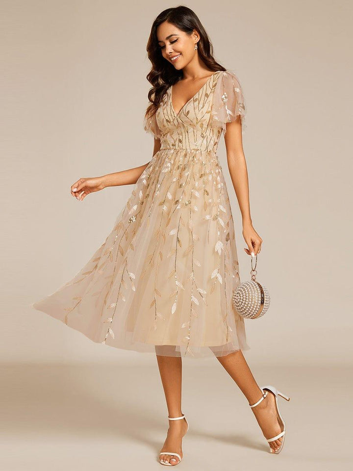 ever SIMONE|Short Sleeves Leaf Sequin A-Line Midi Formal Wedding Guest Dress