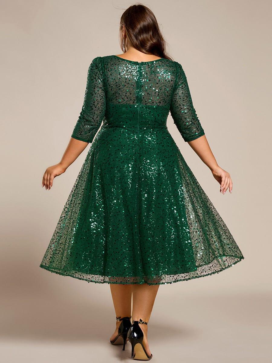 pretty SIENNA|Plus Size 3/4 Sleeve Midi Round Neck A-Line Sequin Wedding Guest Dress