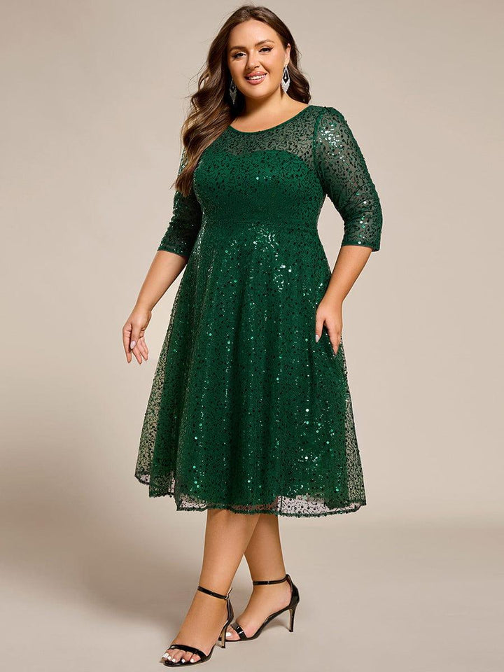 pretty SIENNA|Plus Size 3/4 Sleeve Midi Round Neck A-Line Sequin Wedding Guest Dress