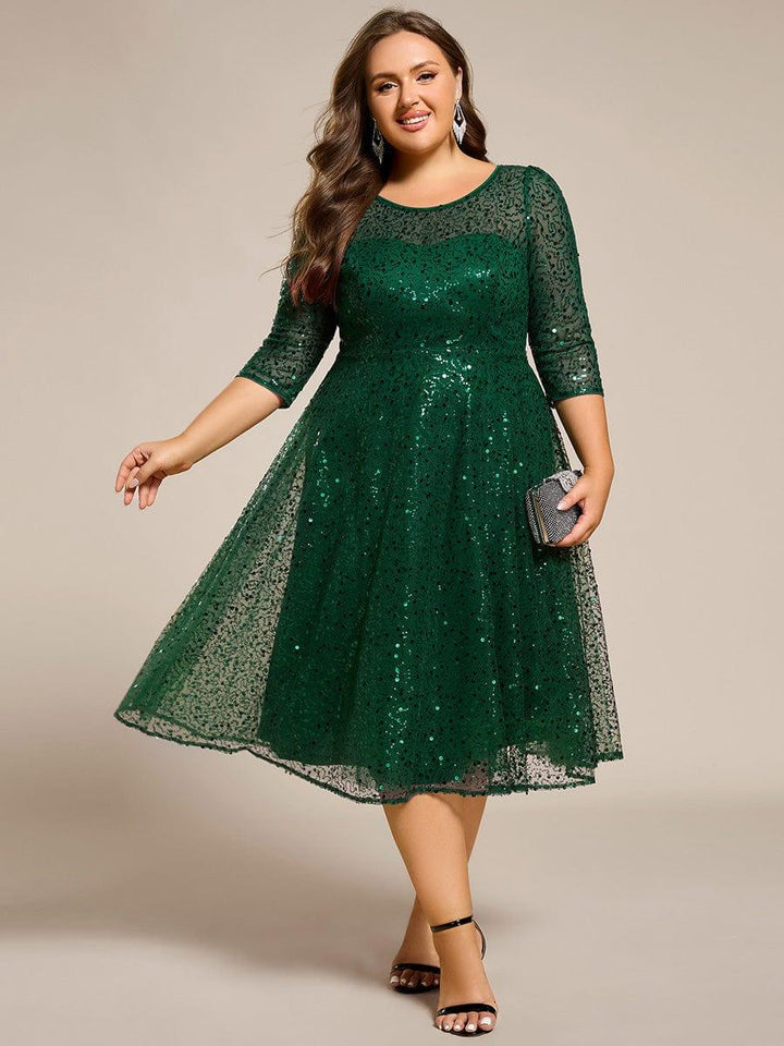 pretty SIENNA|Plus Size 3/4 Sleeve Midi Round Neck A-Line Sequin Wedding Guest Dress