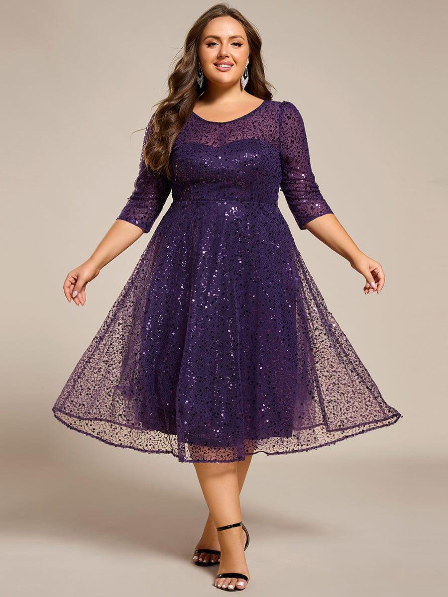 pretty SIENNA|Plus Size 3/4 Sleeve Midi Round Neck A-Line Sequin Wedding Guest Dress