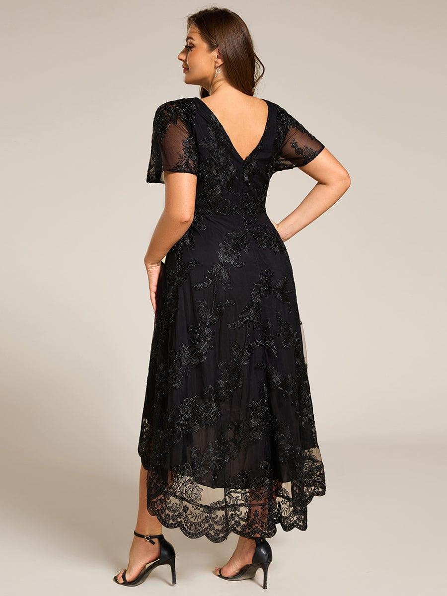 pretty TIDAL|Plus Size Short Sleeves Embroidered Mesh A-Line V-Neck Midi Wedding Guest Dress