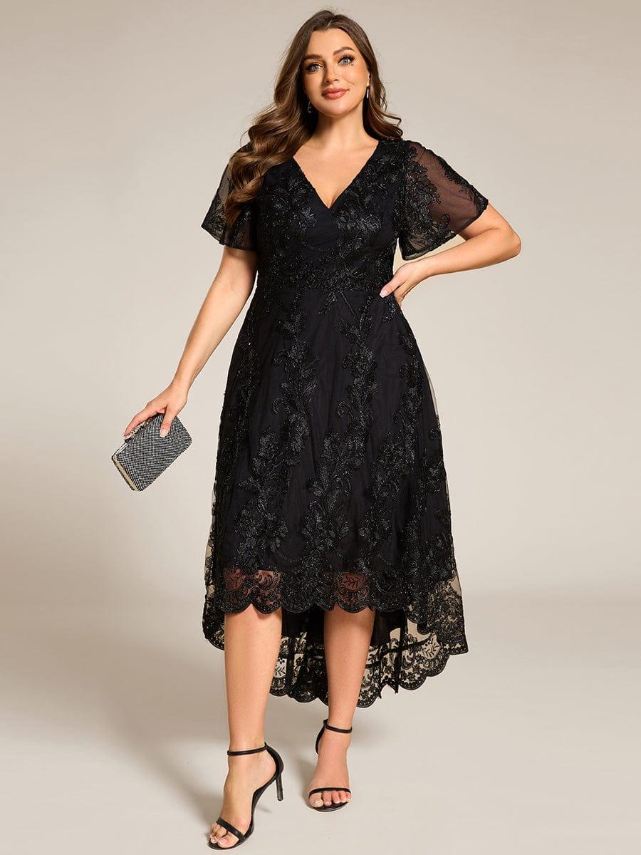 pretty TIDAL|Plus Size Short Sleeves Embroidered Mesh A-Line V-Neck Midi Wedding Guest Dress