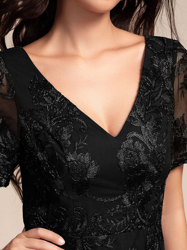 ever TIDAL|Embroidered Mesh Double V-Neck Short Sleeves Midi Wedding Guest Dress