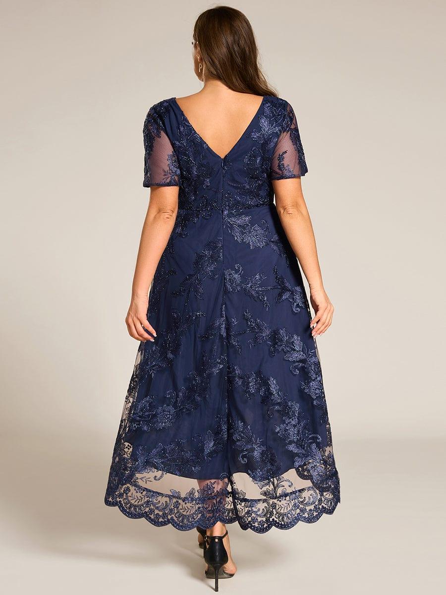 ever TIDAL|Embroidered Mesh Double V-Neck Short Sleeves Midi Wedding Guest Dress