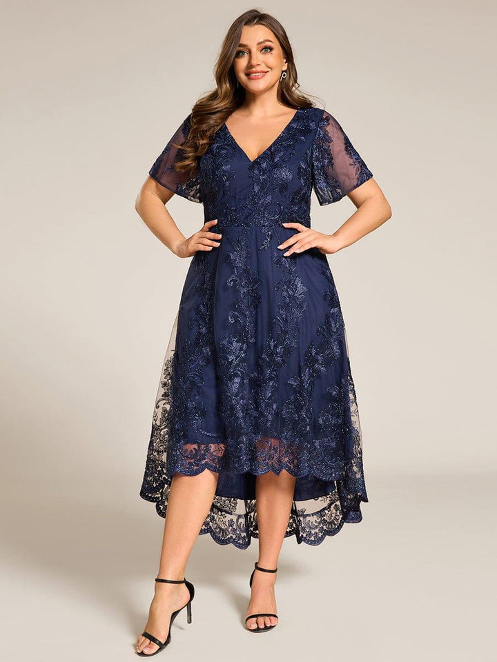 pretty TIDAL|Plus Size Short Sleeves Embroidered Mesh A-Line V-Neck Midi Wedding Guest Dress