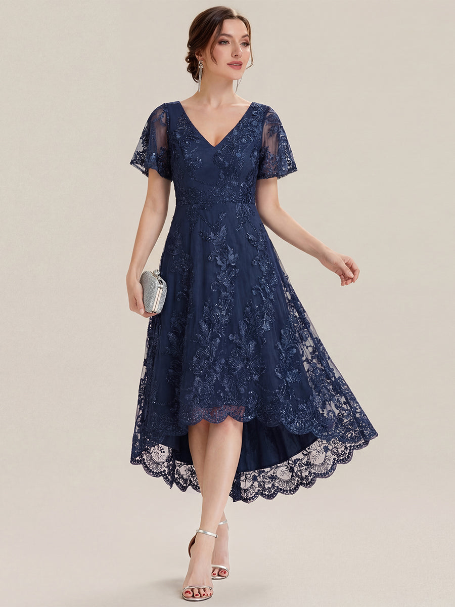 ever TIDAL|Embroidered Mesh Double V-Neck Short Sleeves Midi Wedding Guest Dress