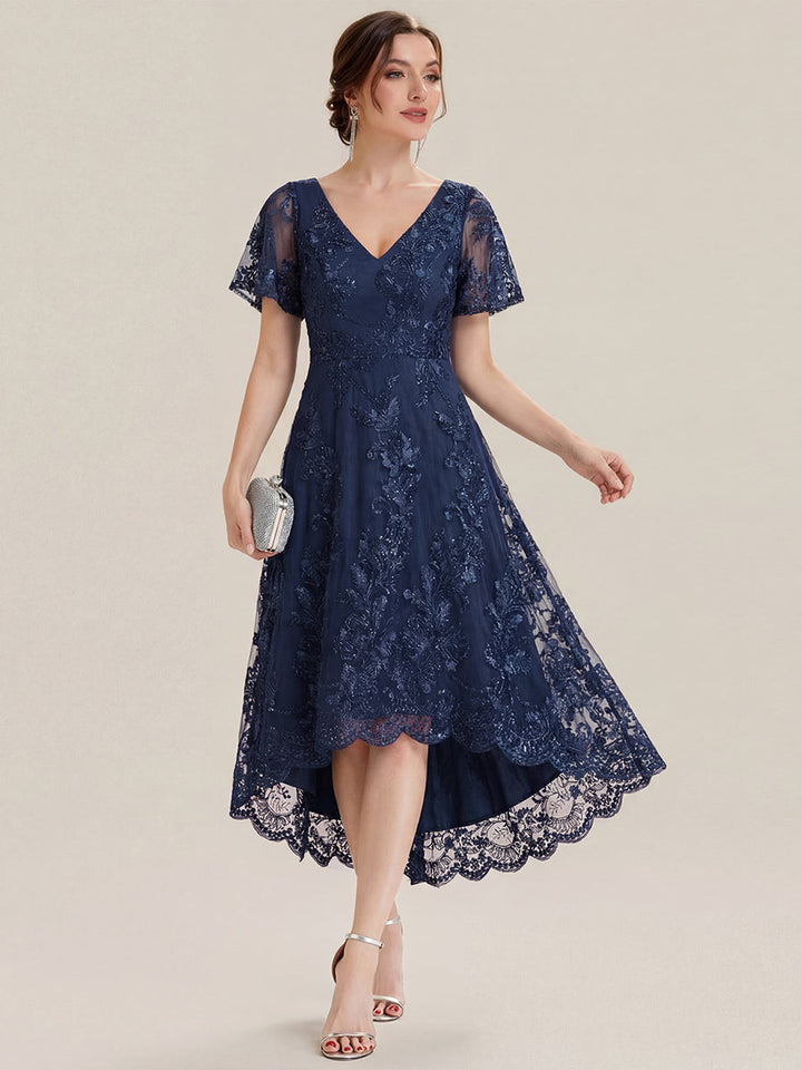 ever TIDAL|Embroidered Mesh Double V-Neck Short Sleeves Midi Wedding Guest Dress