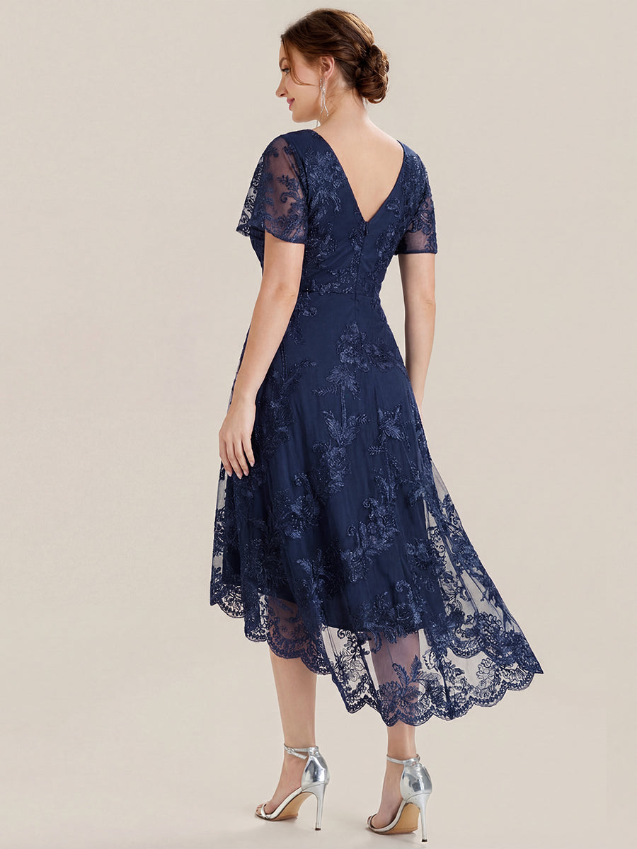 ever TIDAL|Embroidered Mesh Double V-Neck Short Sleeves Midi Wedding Guest Dress