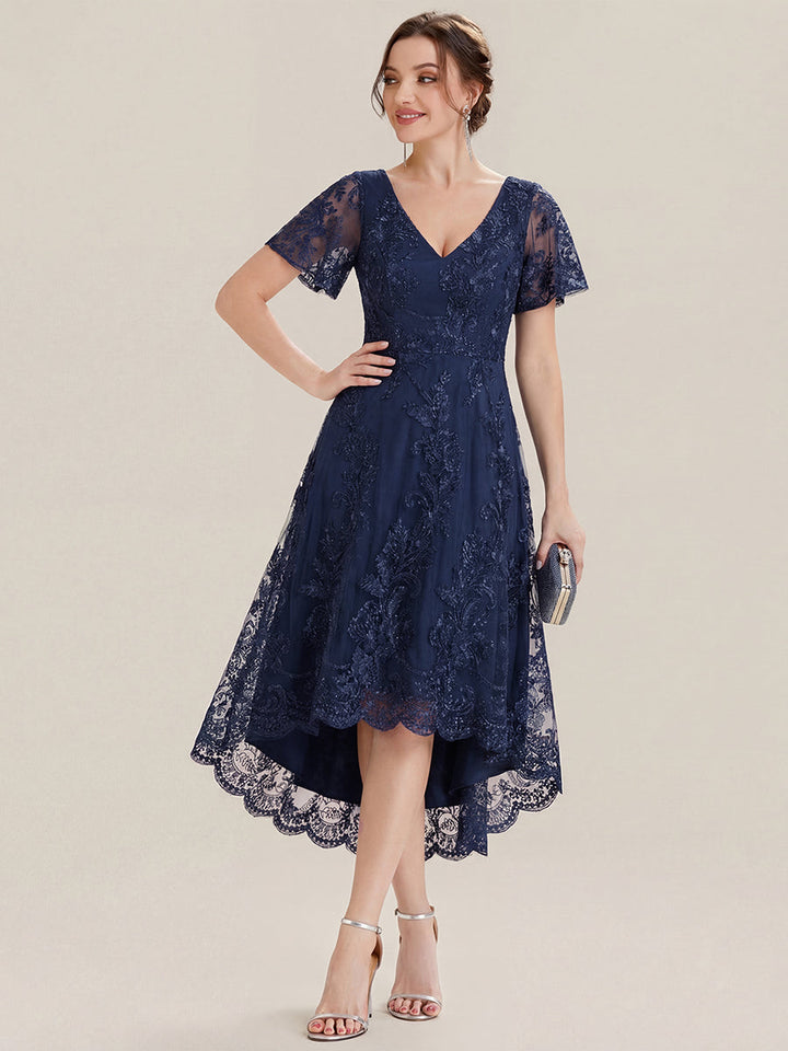 ever TIDAL|Embroidered Mesh Double V-Neck Short Sleeves Midi Wedding Guest Dress