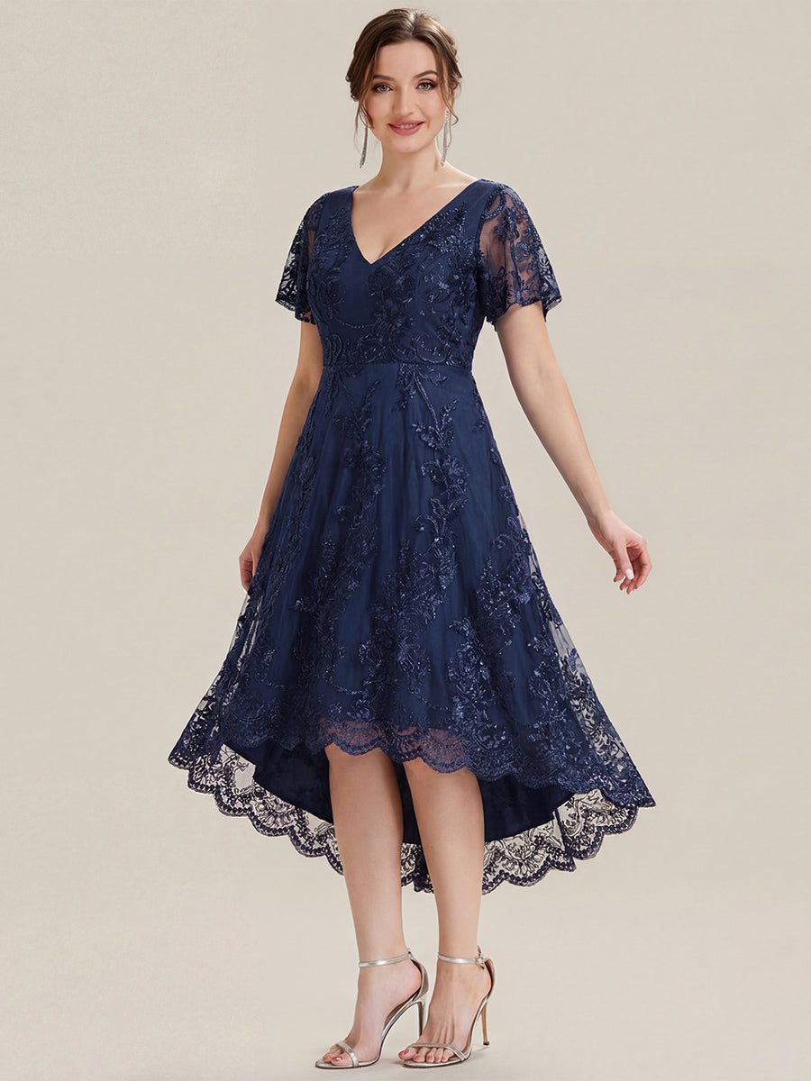 ever TIDAL|Embroidered Mesh Double V-Neck Short Sleeves Midi Wedding Guest Dress