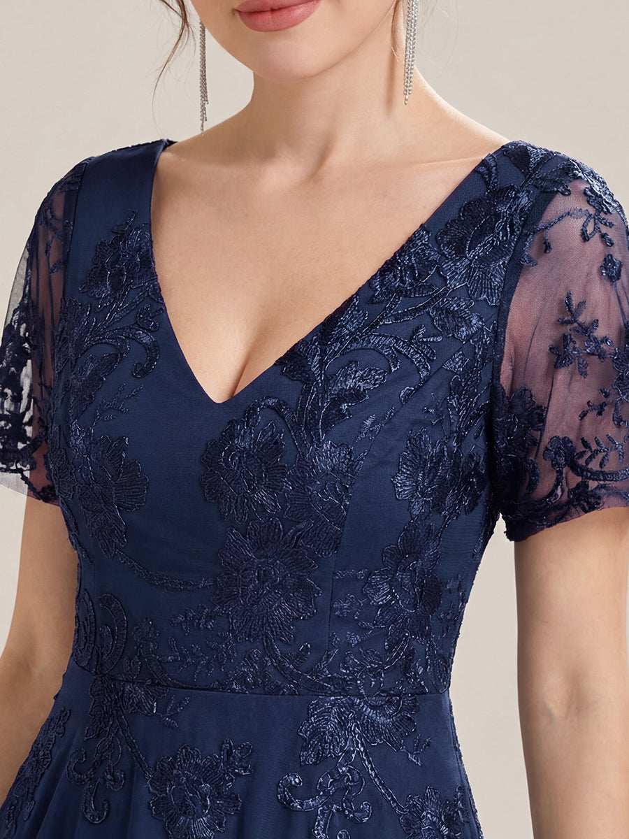 ever TIDAL|Embroidered Mesh Double V-Neck Short Sleeves Midi Wedding Guest Dress