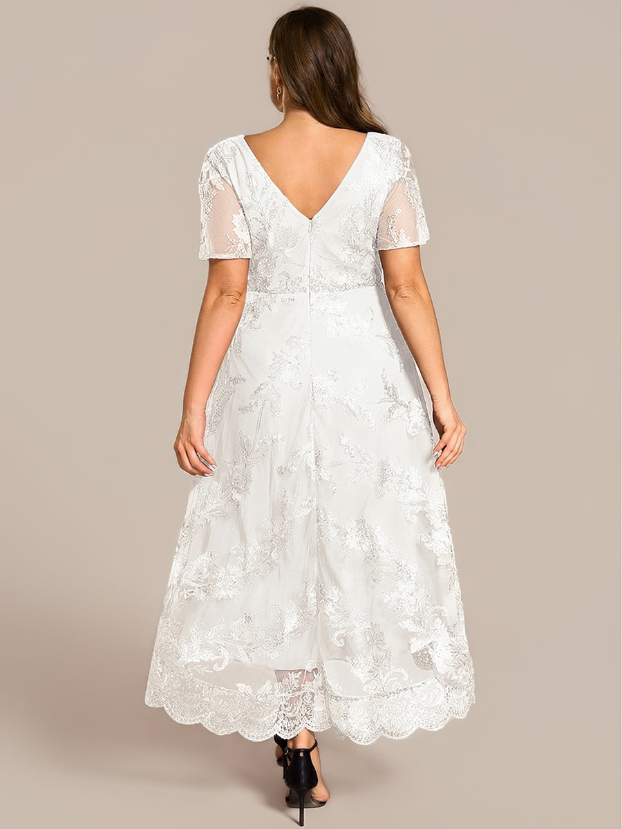 pretty TIDAL|Plus Size Short Sleeves Embroidered Mesh A-Line V-Neck Midi Wedding Guest Dress