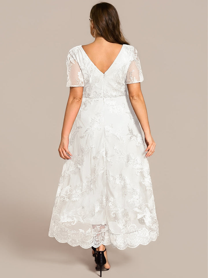pretty TIDAL|Plus Size Short Sleeves Embroidered Mesh A-Line V-Neck Midi Wedding Guest Dress
