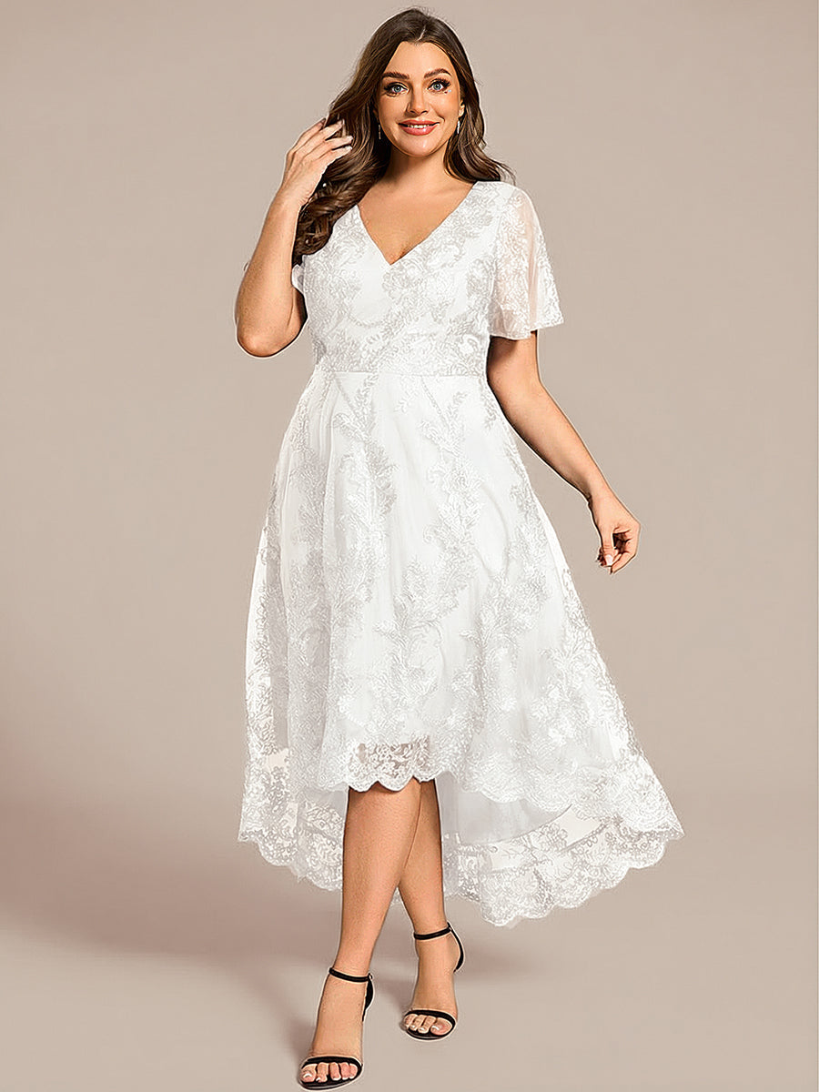 pretty TIDAL|Plus Size Short Sleeves Embroidered Mesh A-Line V-Neck Midi Wedding Guest Dress