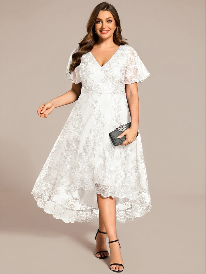 ever TIDAL|Embroidered Mesh Double V-Neck Short Sleeves Midi Wedding Guest Dress