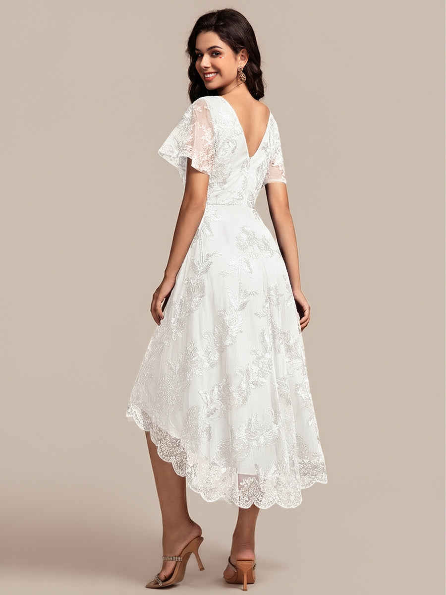 ever TIDAL|Embroidered Mesh Double V-Neck Short Sleeves Midi Wedding Guest Dress