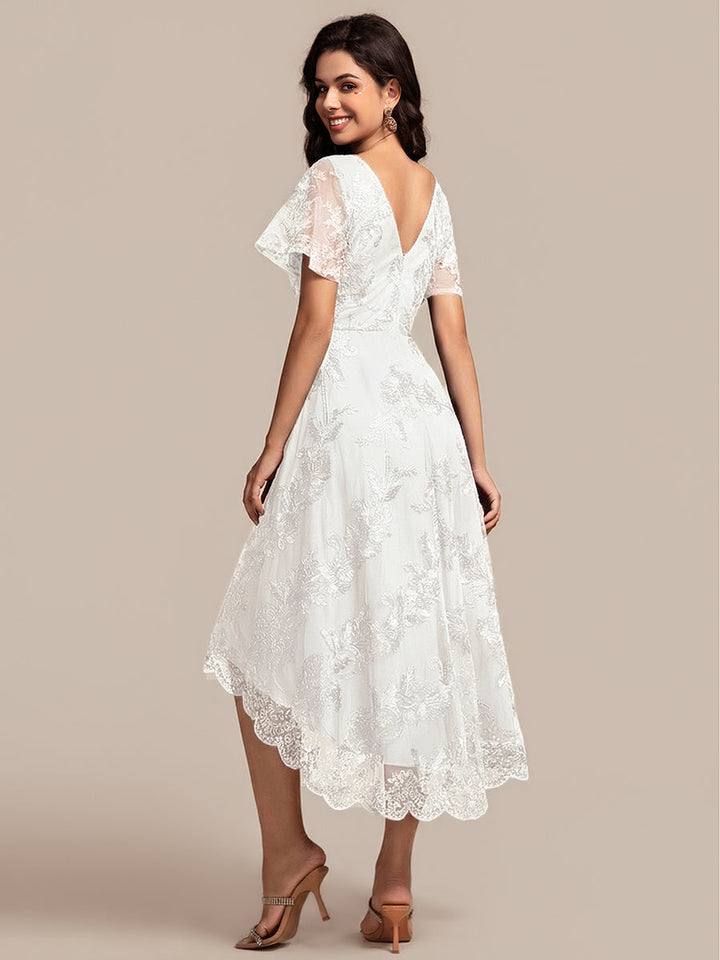 ever TIDAL|Embroidered Mesh Double V-Neck Short Sleeves Midi Wedding Guest Dress