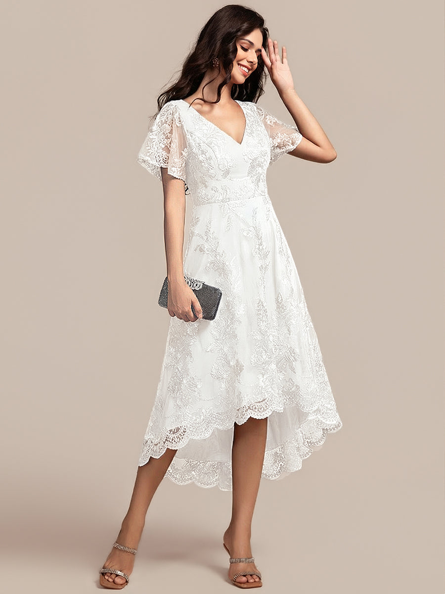 ever TIDAL|Embroidered Mesh Double V-Neck Short Sleeves Midi Wedding Guest Dress