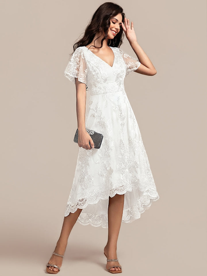 ever TIDAL|Embroidered Mesh Double V-Neck Short Sleeves Midi Wedding Guest Dress