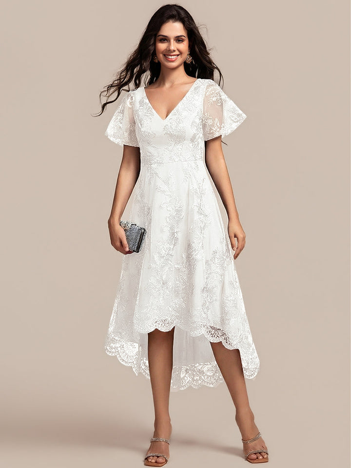 ever TIDAL|Embroidered Mesh Double V-Neck Short Sleeves Midi Wedding Guest Dress