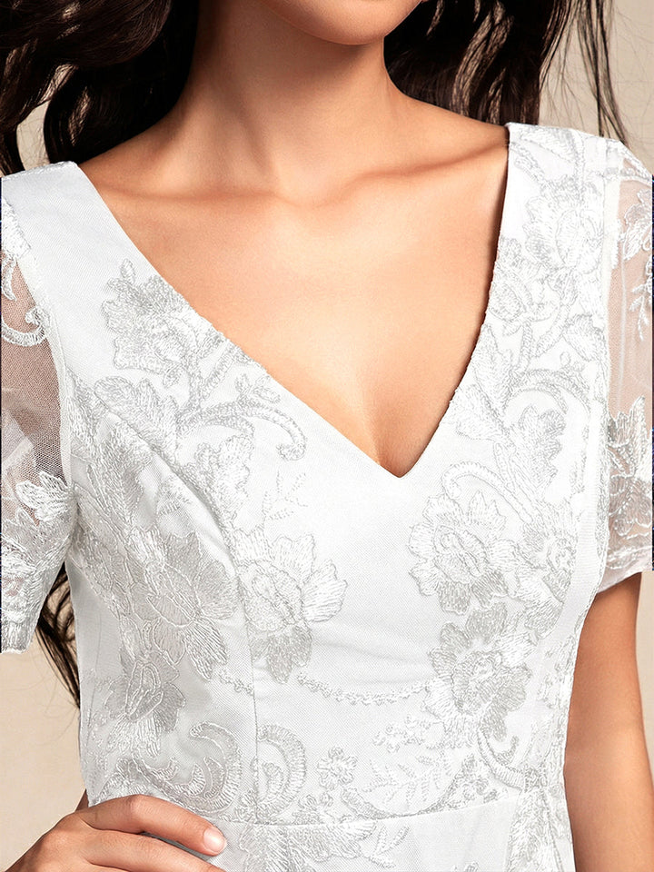 ever TIDAL|Embroidered Mesh Double V-Neck Short Sleeves Midi Wedding Guest Dress