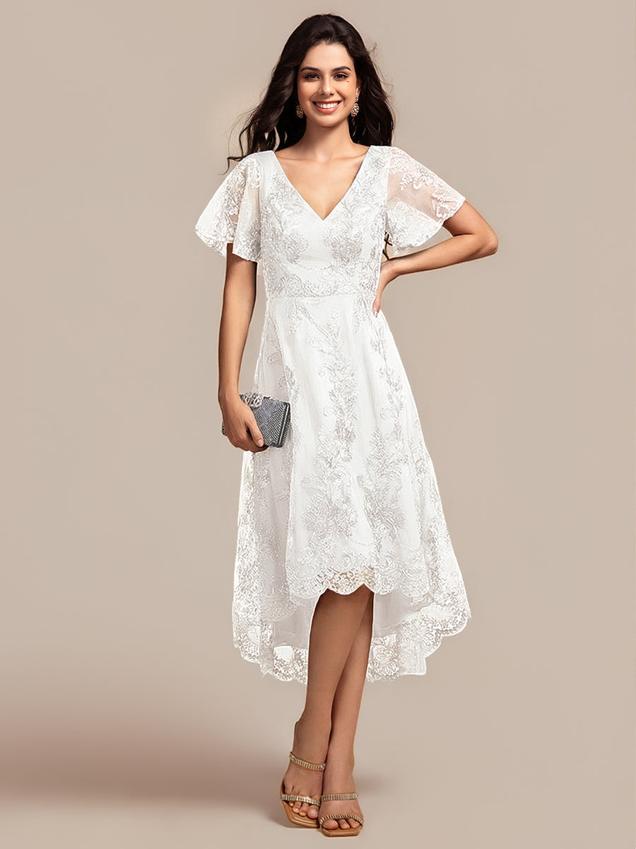 ever TIDAL|Embroidered Mesh Double V-Neck Short Sleeves Midi Wedding Guest Dress