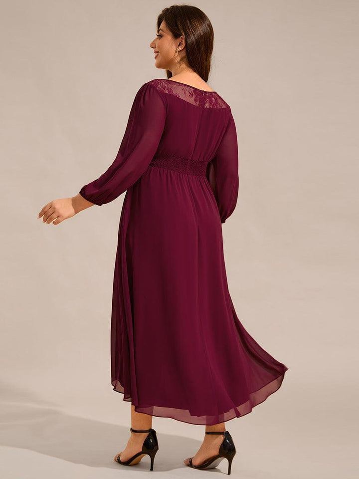 pretty AMYRA|Plus Size Lace Round Neck Long Sleeve Chiffon Midi Wedding Guest Dress