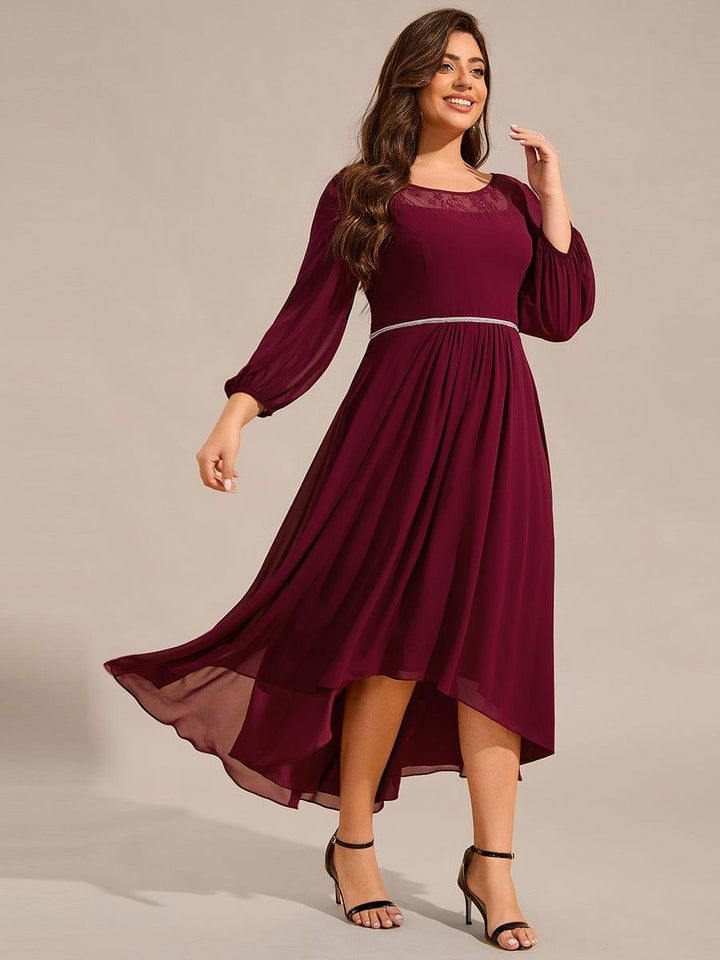 ever AMYRA|Long Sleeve Waist Chain Round Neckline Midi Chiffon Wedding Guest Dress