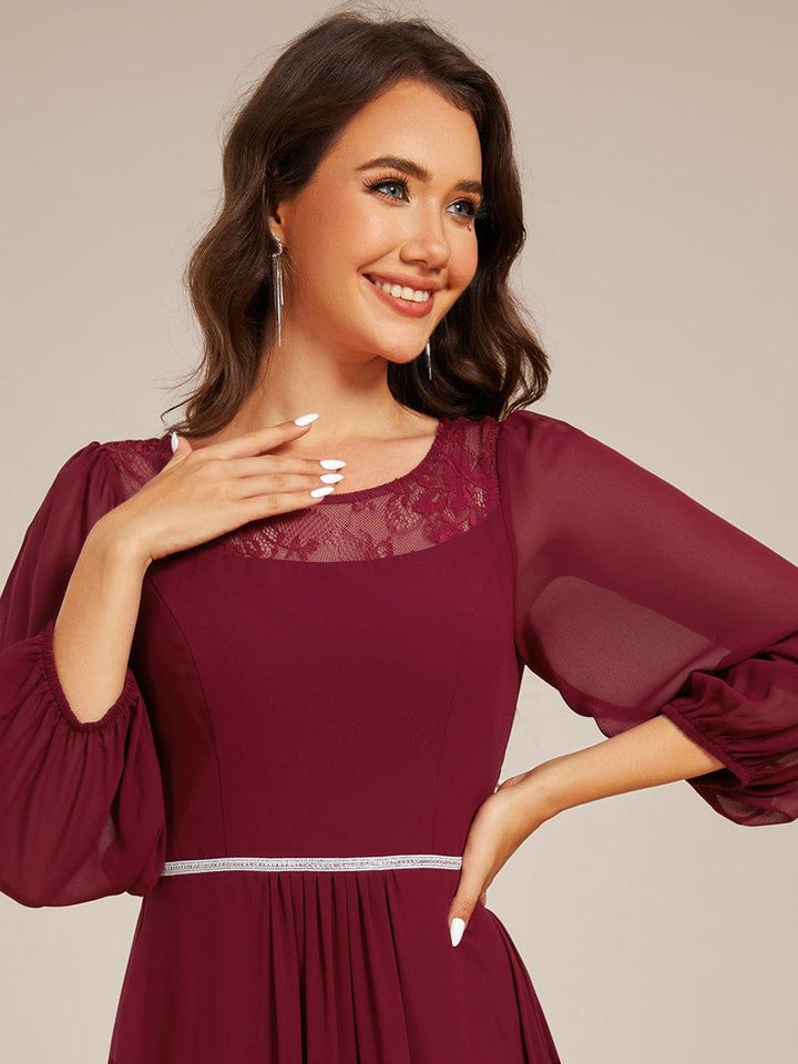 ever AMYRA|Long Sleeve Waist Chain Round Neckline Midi Chiffon Wedding Guest Dress