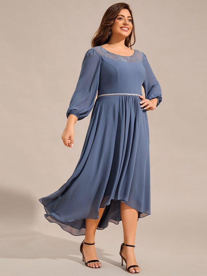 pretty AMYRA|Plus Size Lace Round Neck Long Sleeve Chiffon Midi Wedding Guest Dress