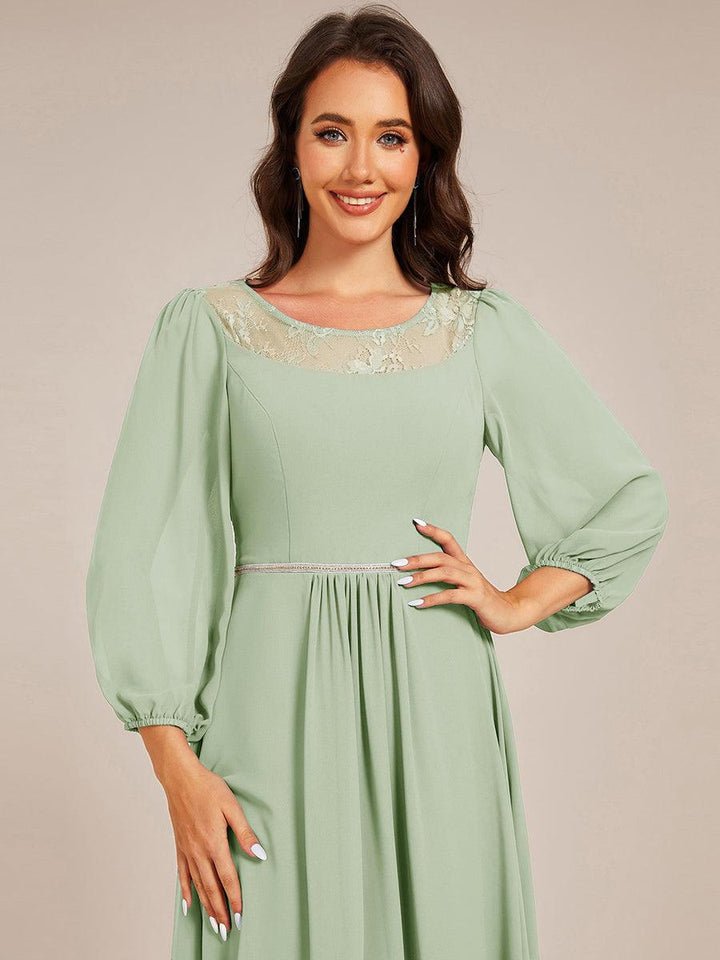 ever AMYRA|Long Sleeve Waist Chain Round Neckline Midi Chiffon Wedding Guest Dress