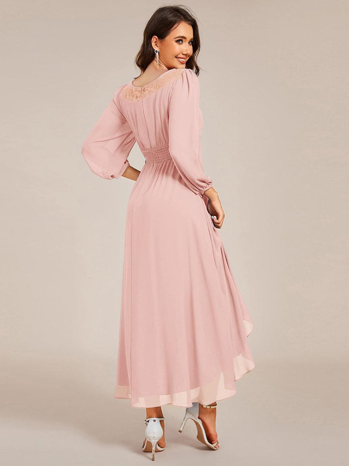 ever AMYRA|Long Sleeve Waist Chain Round Neckline Midi Chiffon Wedding Guest Dress