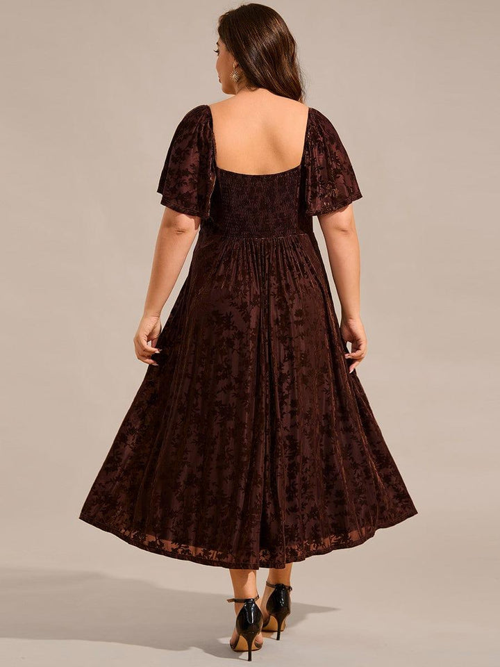 pretty BLOOM|Plus Size Printed Velvet A-Line Short Sleeve Tea Length Wedding Guest Dress