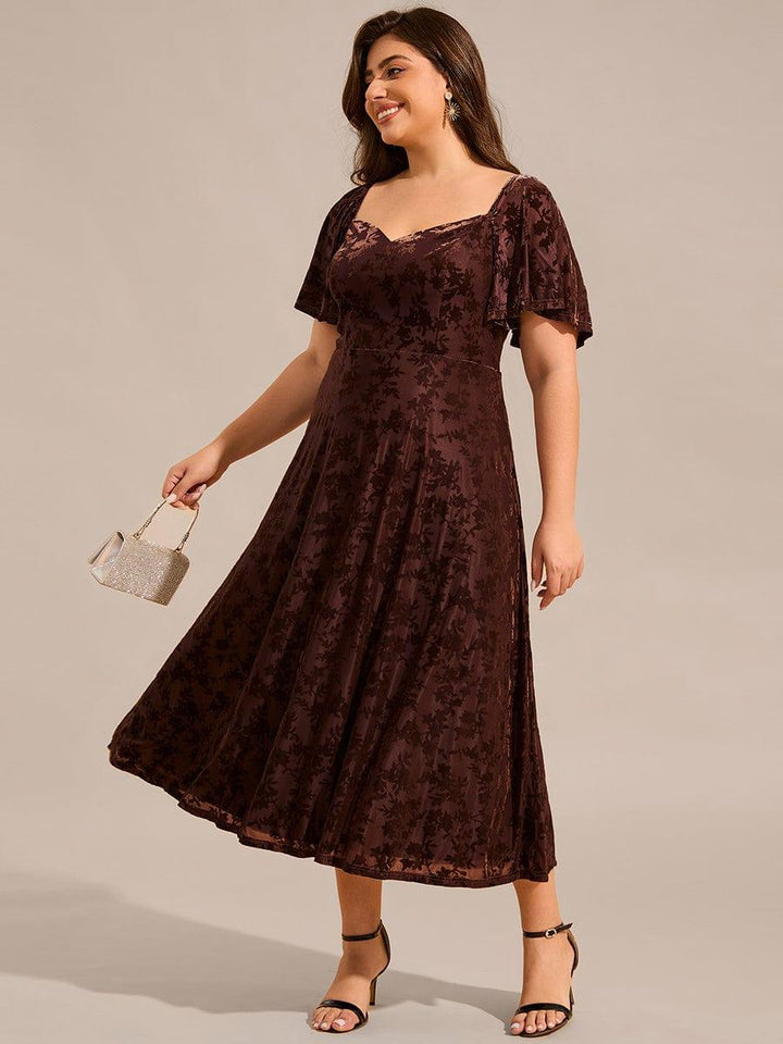 pretty BLOOM|Plus Size Printed Velvet A-Line Short Sleeve Tea Length Wedding Guest Dress