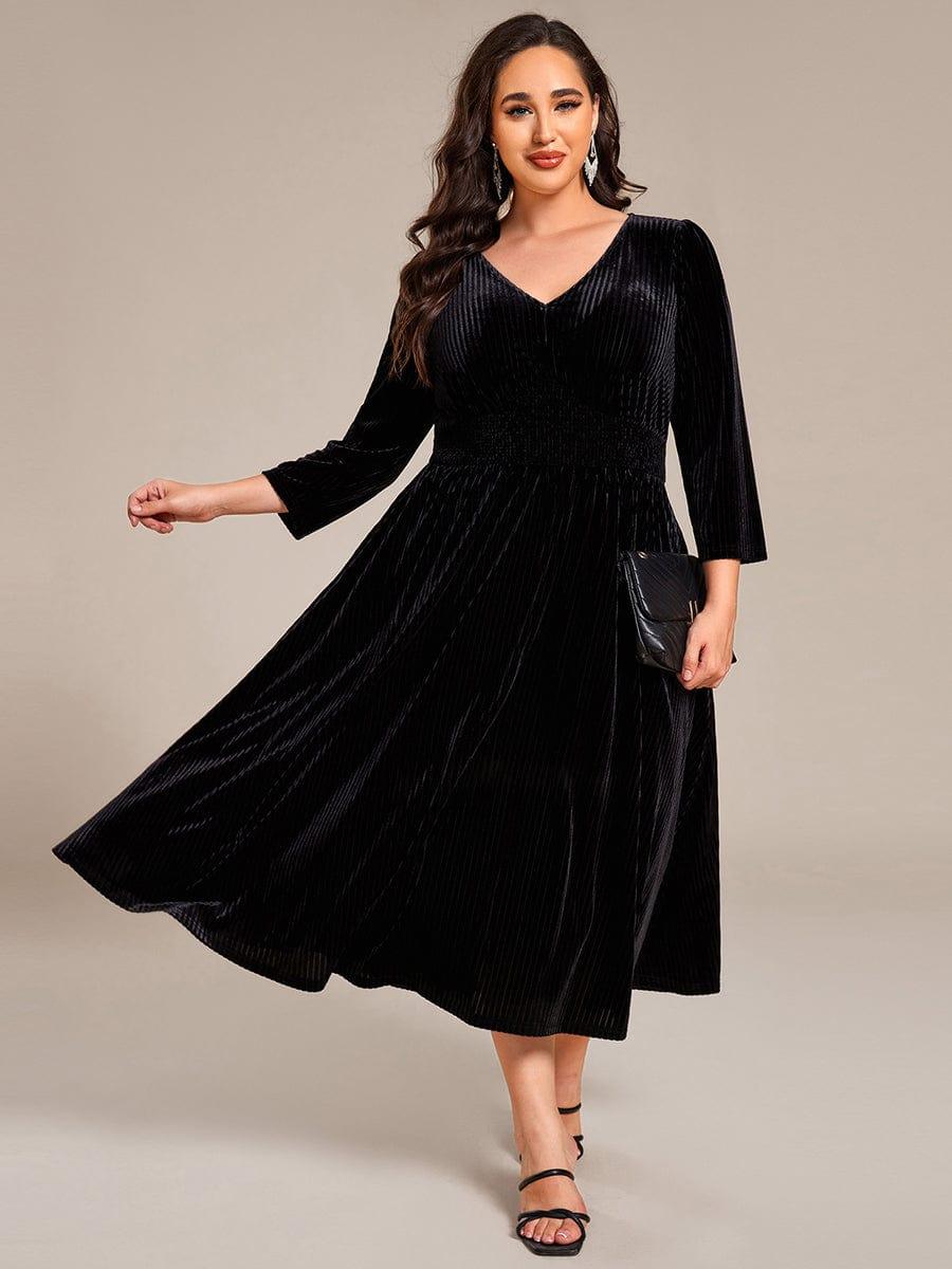 ever ARLET|Long Sleeve High Stretch Velvet Tea Length Wedding Guest Dress