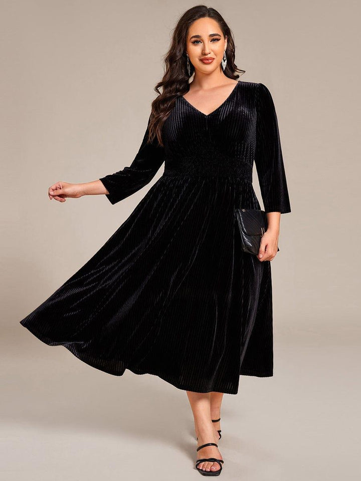 ever ARLET|Long Sleeve High Stretch Velvet Tea Length Wedding Guest Dress