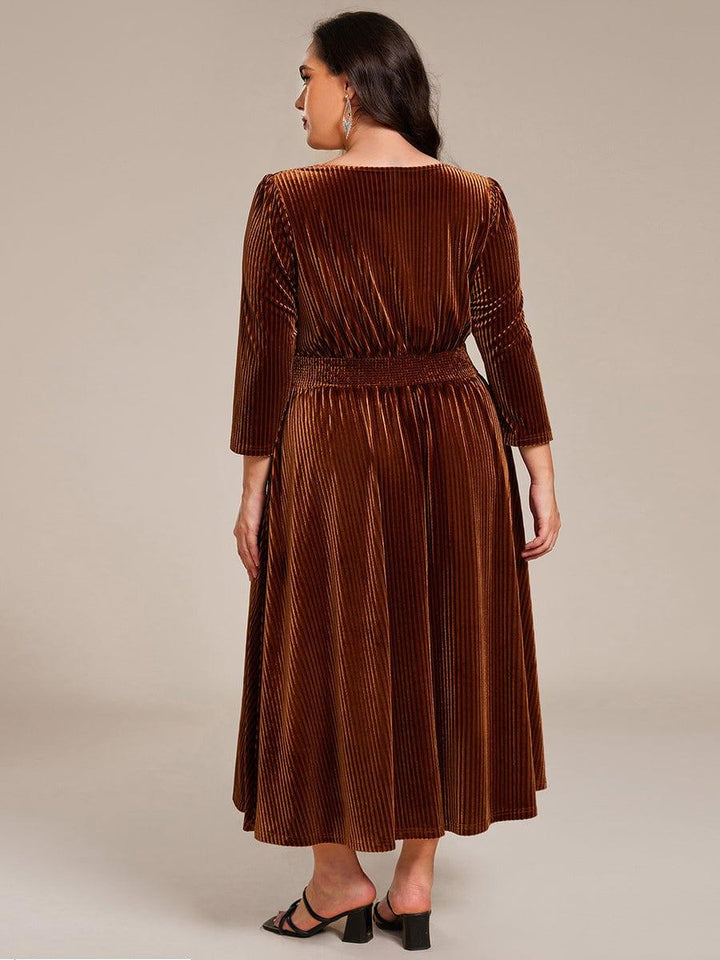 pretty ARLET|Plus Size Elegant Pleated Velvet Stretchy Tea Length Wedding Guest Dress
