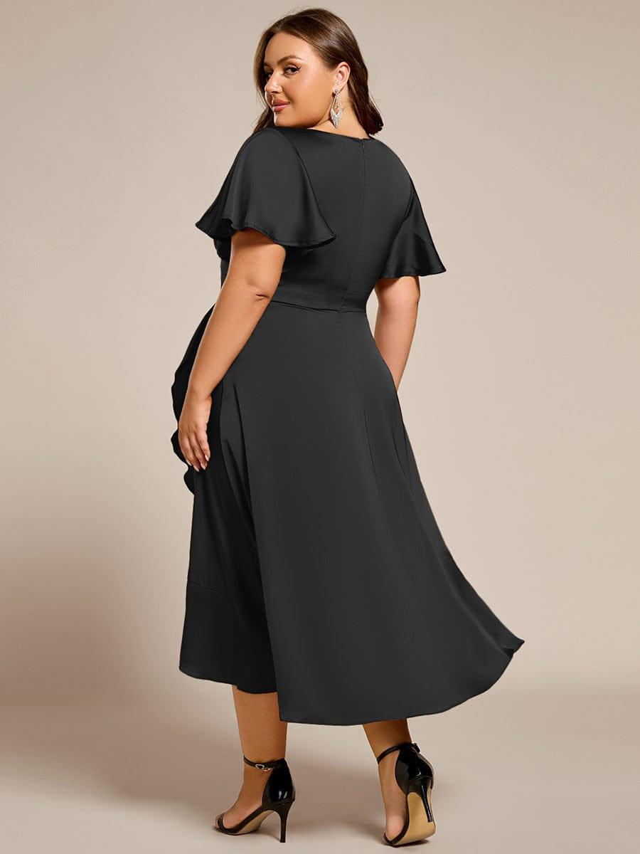 pretty SAIGE|Plus Size V-Neck Satin Midi Wedding Guest Dress with Ruffled Skirt