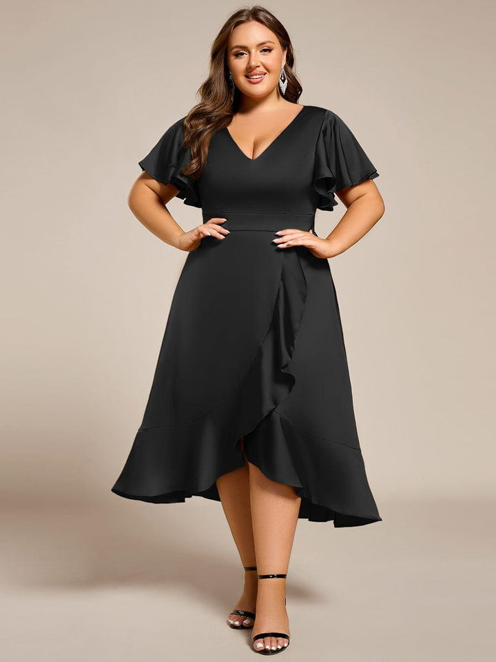 pretty SAIGE|Plus Size V-Neck Satin Midi Wedding Guest Dress with Ruffled Skirt