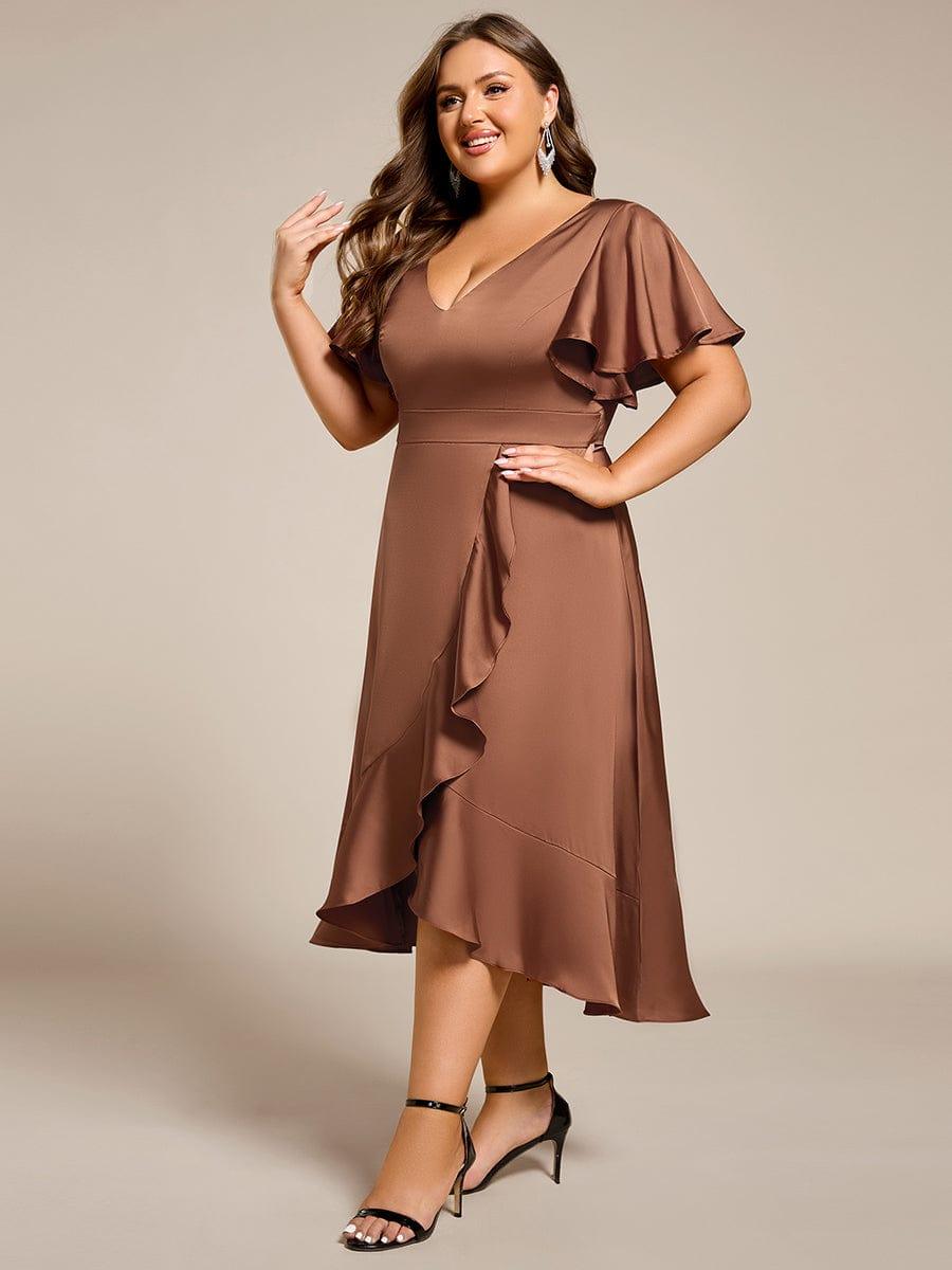 ever SAIGE|V-Neck Satin Midi Wedding Guest Dress with Ruffled Skirt