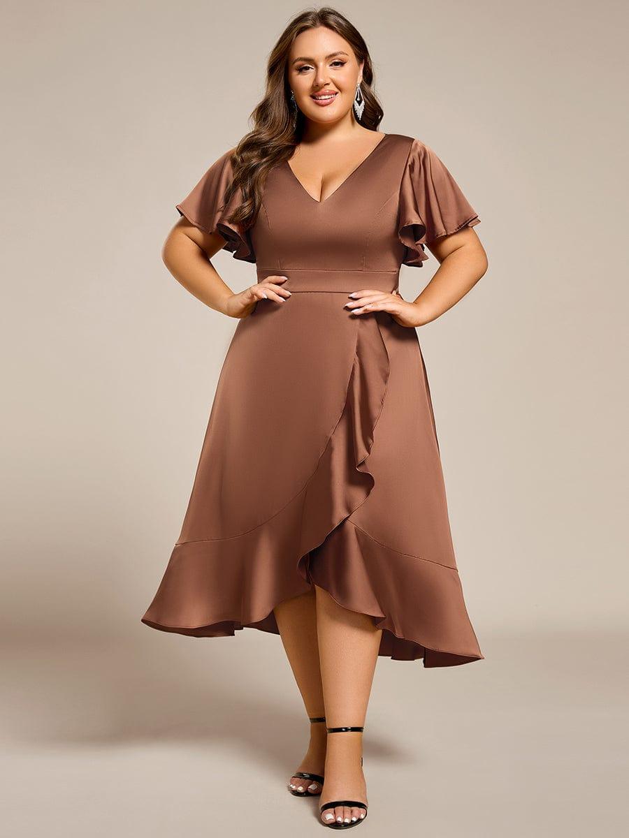 ever SAIGE|V-Neck Satin Midi Wedding Guest Dress with Ruffled Skirt