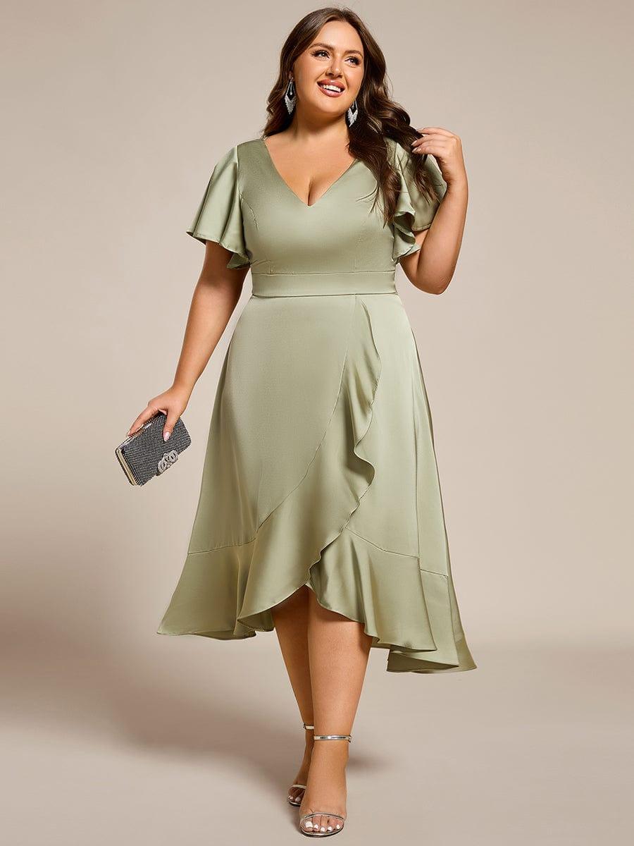 ever SAIGE|V-Neck Satin Midi Wedding Guest Dress with Ruffled Skirt