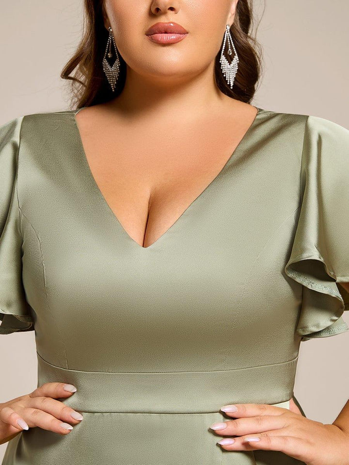 ever SAIGE|V-Neck Satin Midi Wedding Guest Dress with Ruffled Skirt