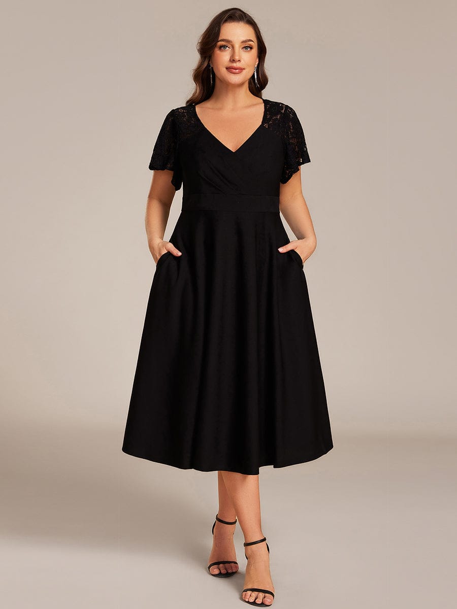 pretty EVIE|Plus Size A-Line Pleated Midi Wedding Guest Dress with Pockets