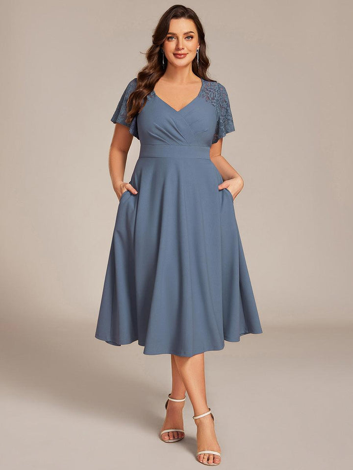 pretty EVIE|Plus Size A-Line Pleated Midi Wedding Guest Dress with Pockets