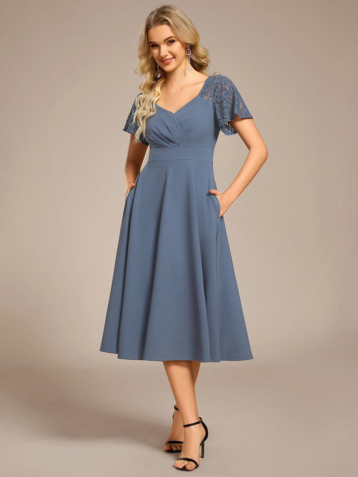 ever EVIE|Short Sleeves A-Line Midi Wedding Guest Dress with Pockets
