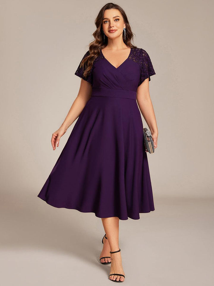 ever EVIE|Short Sleeves A-Line Midi Wedding Guest Dress with Pockets
