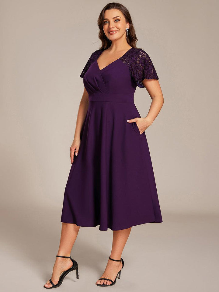 pretty EVIE|Plus Size A-Line Pleated Midi Wedding Guest Dress with Pockets
