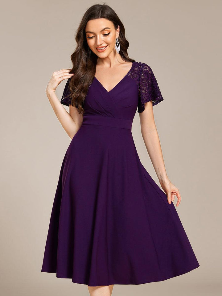 ever EVIE|Short Sleeves A-Line Midi Wedding Guest Dress with Pockets